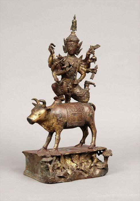 Appraisal: Southeast Asian Gilt and Polychrome Metal Figure of Shiva Riding