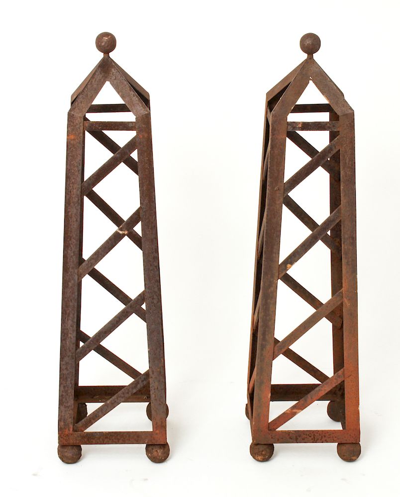 Appraisal: Modern Rustic Iron Obelisks Topped w Spheres Pair Pair of