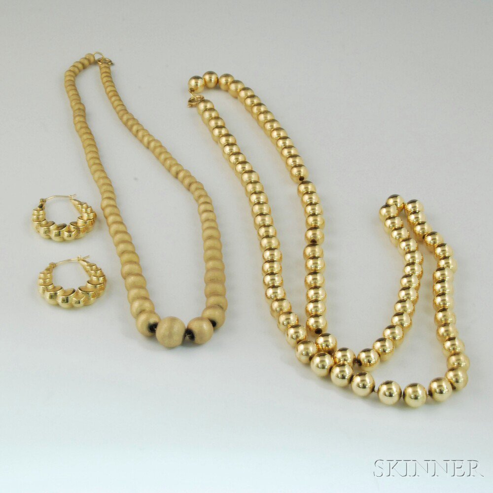 Appraisal: Small Group of Gold Jewelry two gold bead necklaces a