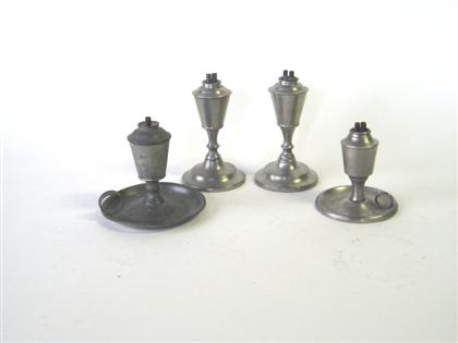 Appraisal: Four pewter beaker-fonted lamps w calder providence ri and morey