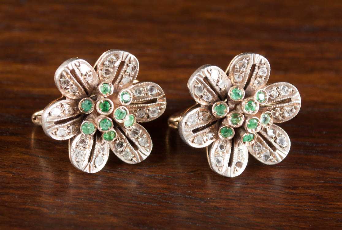 Appraisal: PAIR OF EMERALD AND DIAMOND EARRINGS each k yellow gold