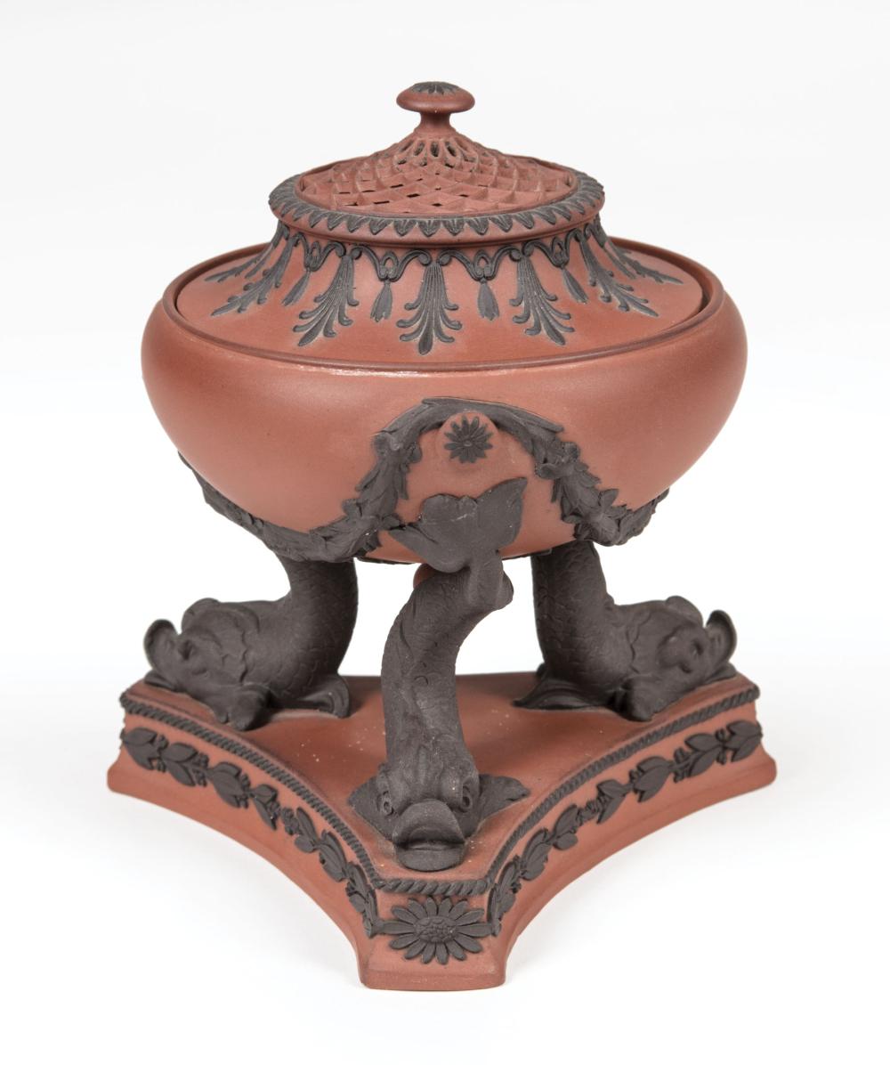 Appraisal: Wedgwood Rosso Antico Tripod Covered Censer c impressed uppercase mark