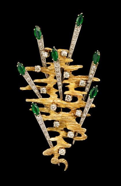 Appraisal: Emerald and diamond brooch Contemporary karat yellow and white gold