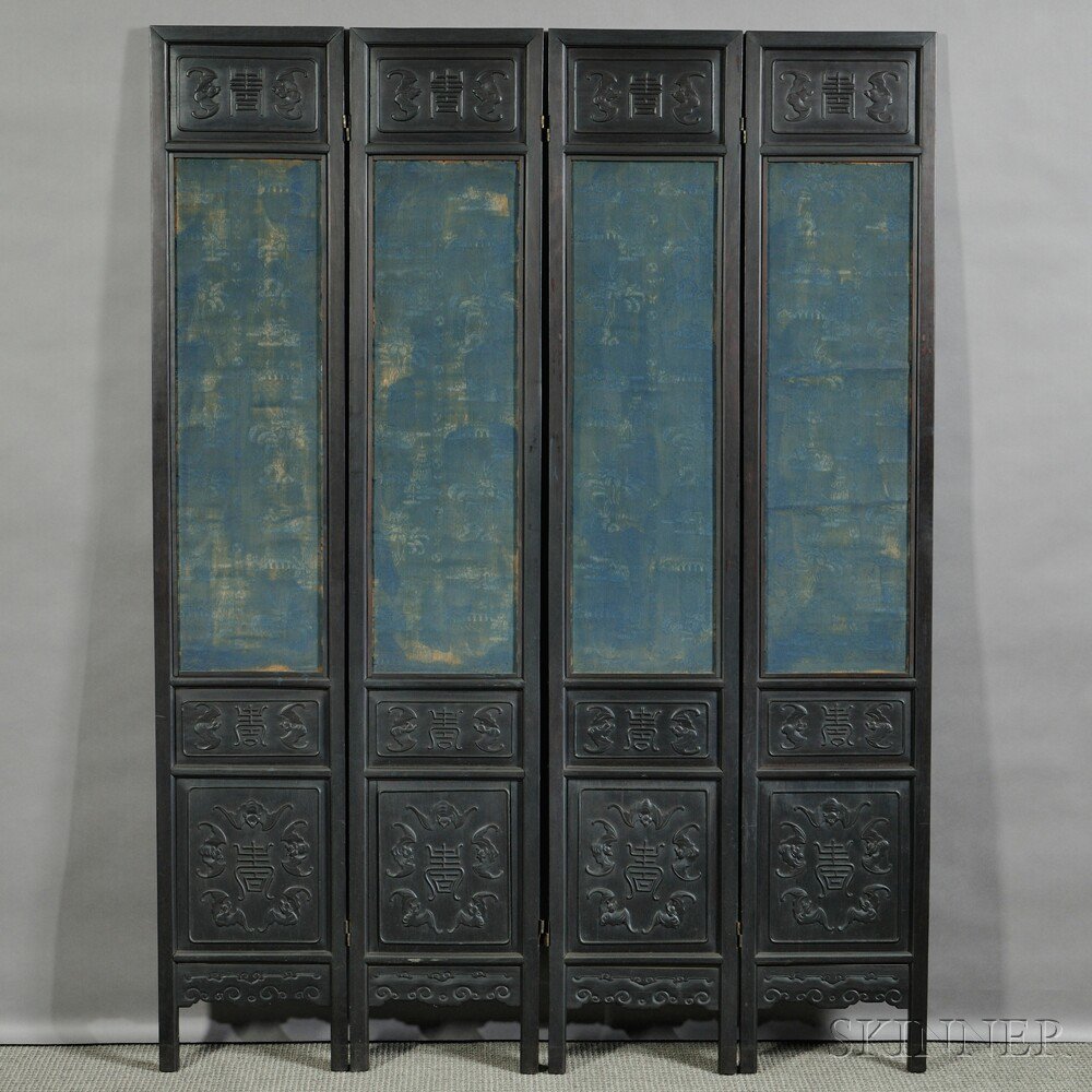 Appraisal: Four-panel Double-sided Screen China frame possibly made of rosewood carved