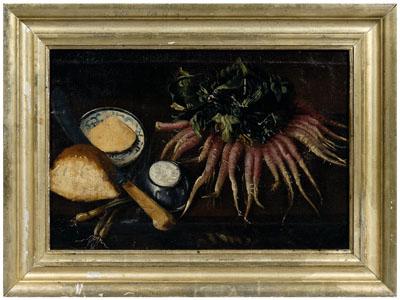 Appraisal: th century still life painting root vegetables knife plate and