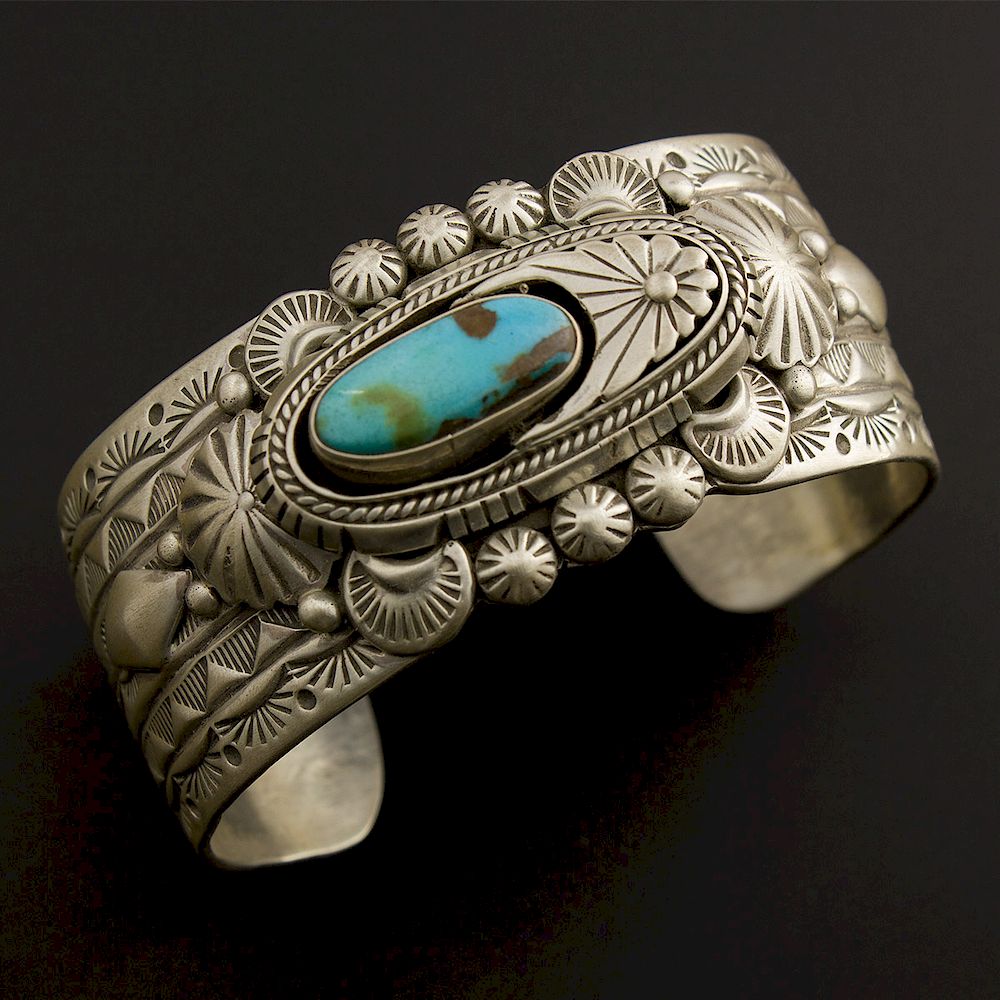 Appraisal: Sterling Silver Pilot Mountain Turquoise Bracelet Sterling Silver Stamped Appliqu