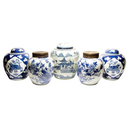 Appraisal: Group of Five Chinese Blue and White Glazed Porcelain Ginger