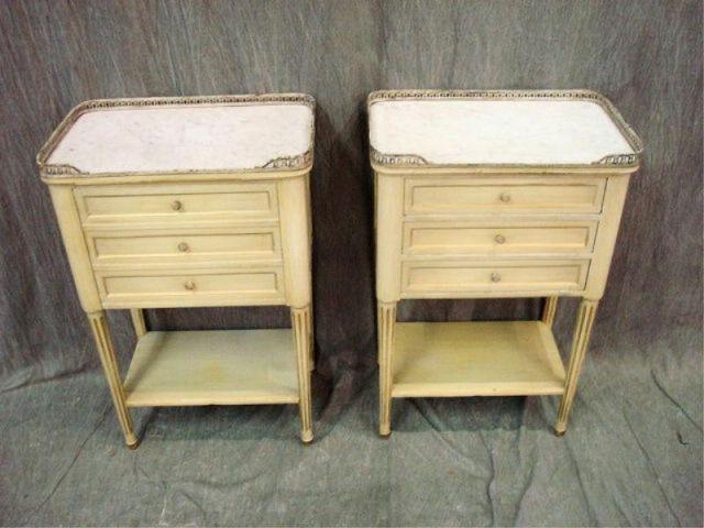 Appraisal: Pair of Louis XVI Style Marbletop End Tables Painted white