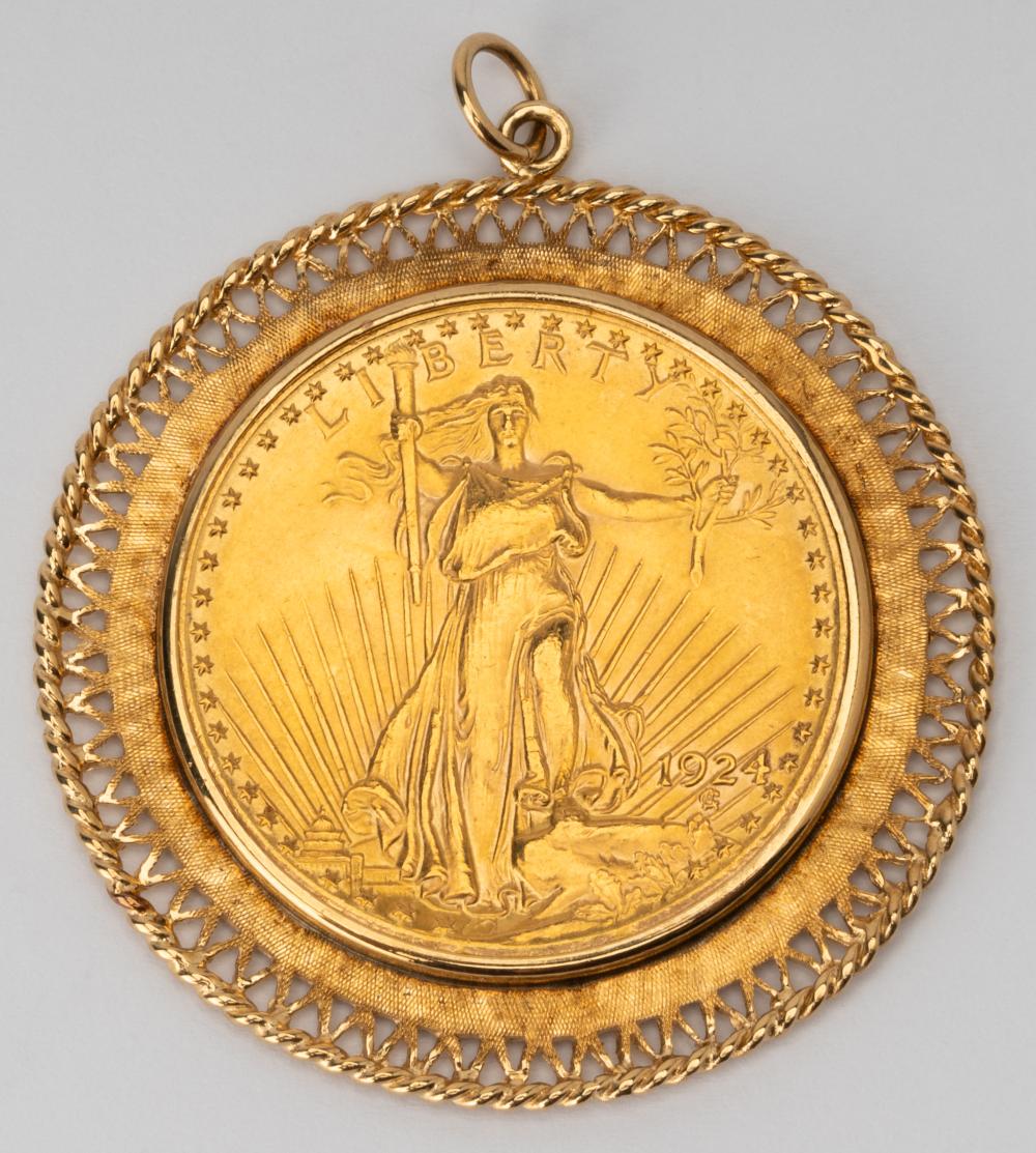 Appraisal: LIBERTY SAINT GAUDENS GOLD COIN PENDANTwith karat yellow gold frame