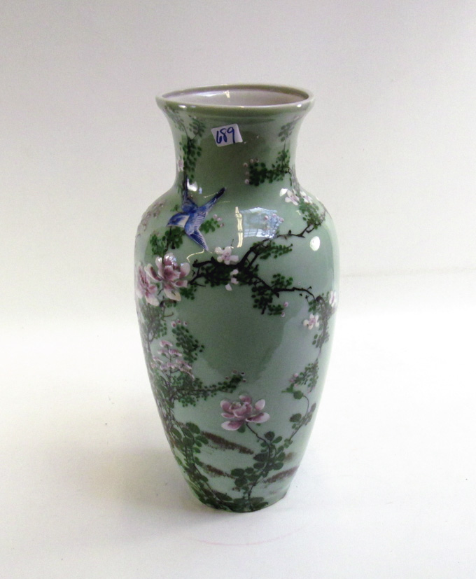 Appraisal: CHINESE CELADON PORCELAIN VASE baluster form hand enameled with raised