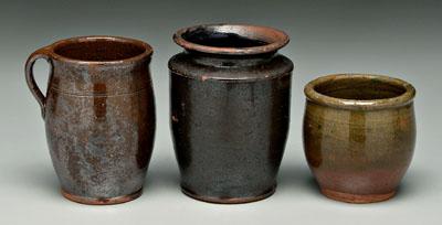 Appraisal: Three pieces earthenware pitcher with brown glaze incised line decoration