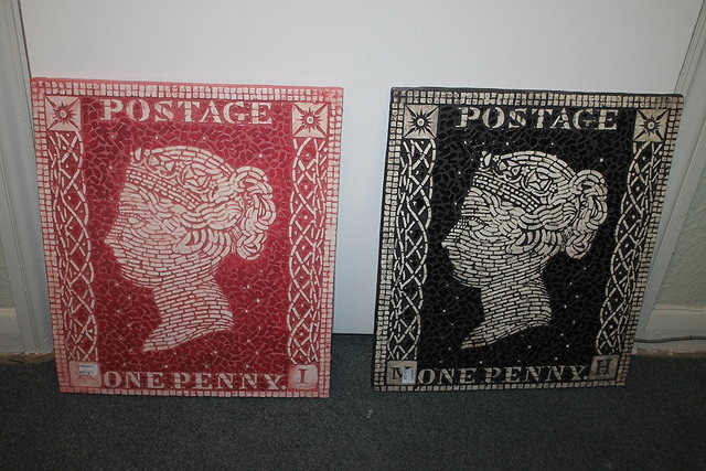 Appraisal: A PAIR OF MOSIAC PANELS depicting a penny red and