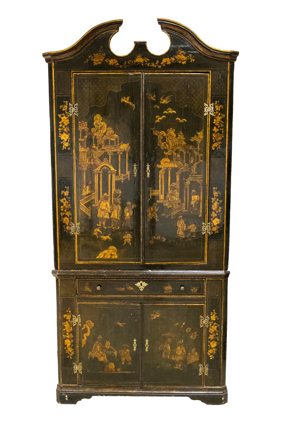 Appraisal: GEORGIAN BLACK GILT JAPANNED CORNER CABINETin two sections the top