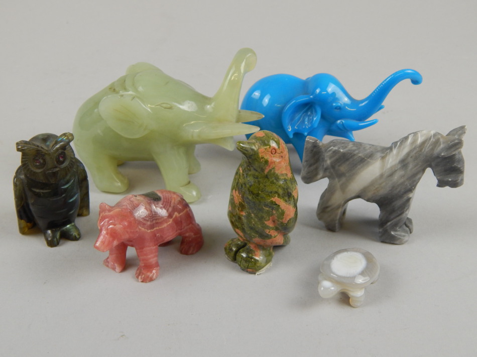 Appraisal: Seven carved hardstone and glass animals comprising a Celadon elephant