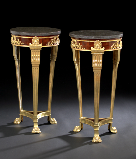 Appraisal: Pair of Empire-Style Ormolu-Mounted Mahogany and Marble-Top Occasional Tables early