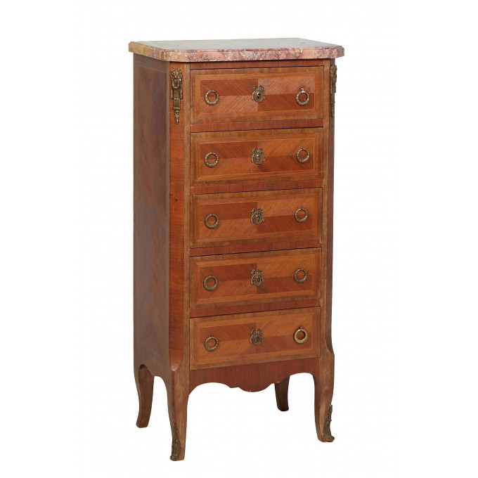 Appraisal: French Louis XV Inlaid Cherry Ormolu Mounted Marble Top Chiffonier