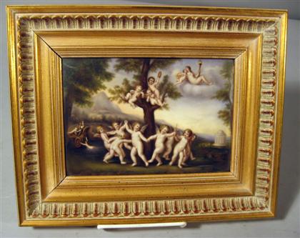 Appraisal: French porcelain plaque late th century Rectangular depicting cherubs dancing