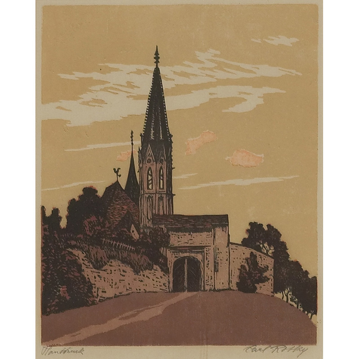 Appraisal: Carl Rotky Austrian - woodblock cathedral scene pencil signed marked