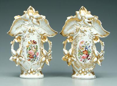 Appraisal: Pair Old Paris vases hand painted floral bouquets with gilt