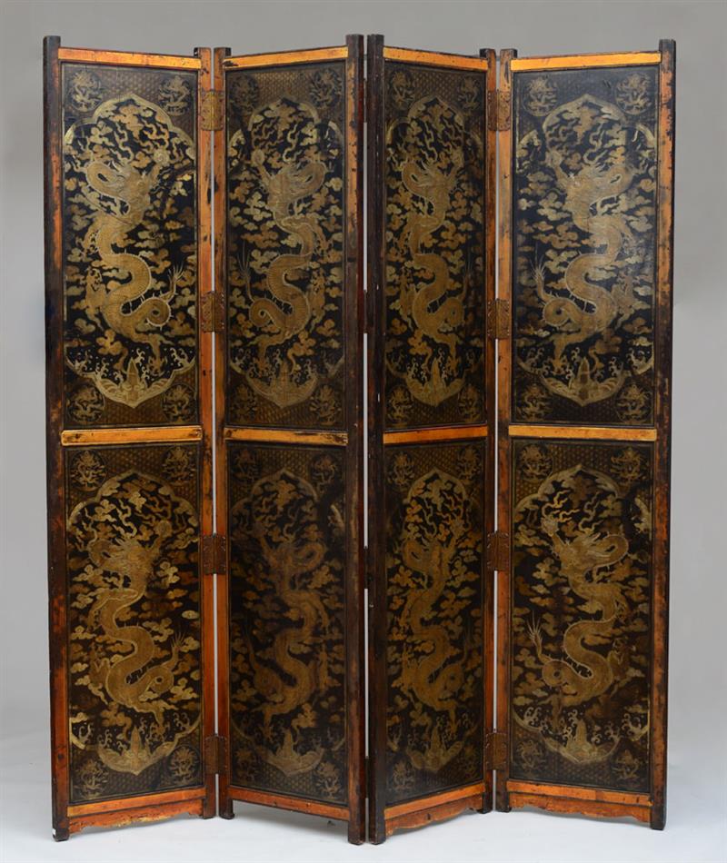 Appraisal: CHINESE BLACK LACQUER AND PARCEL-GILT FOUR-PANEL SCREEN Each panel divided