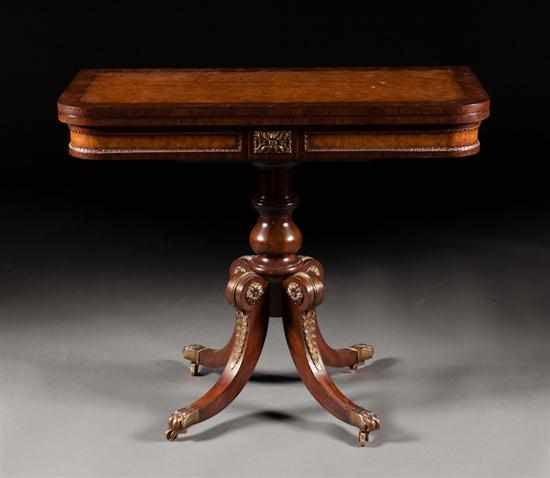 Appraisal: Maitland-Smith Regency style gilt-brass-mounted banded mahogany and bird's-eye maple flip-top