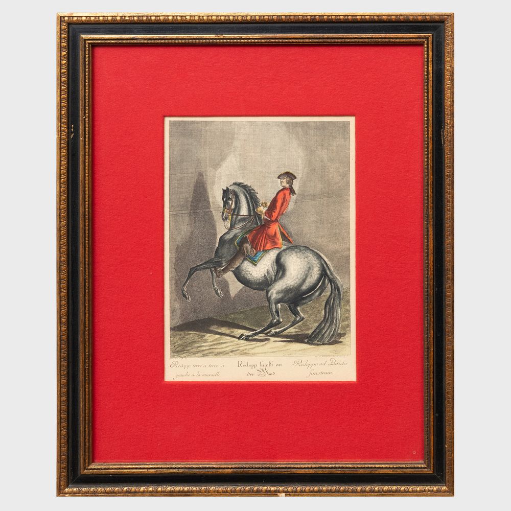 Appraisal: French School Equestrian Views Six Plates Six etchings with hand-coloring