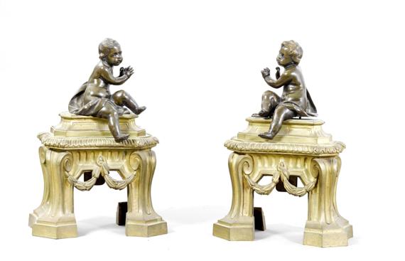 Appraisal: PAIR OF FIREPLACE CHENETS Napoleon III France Bronze H cm