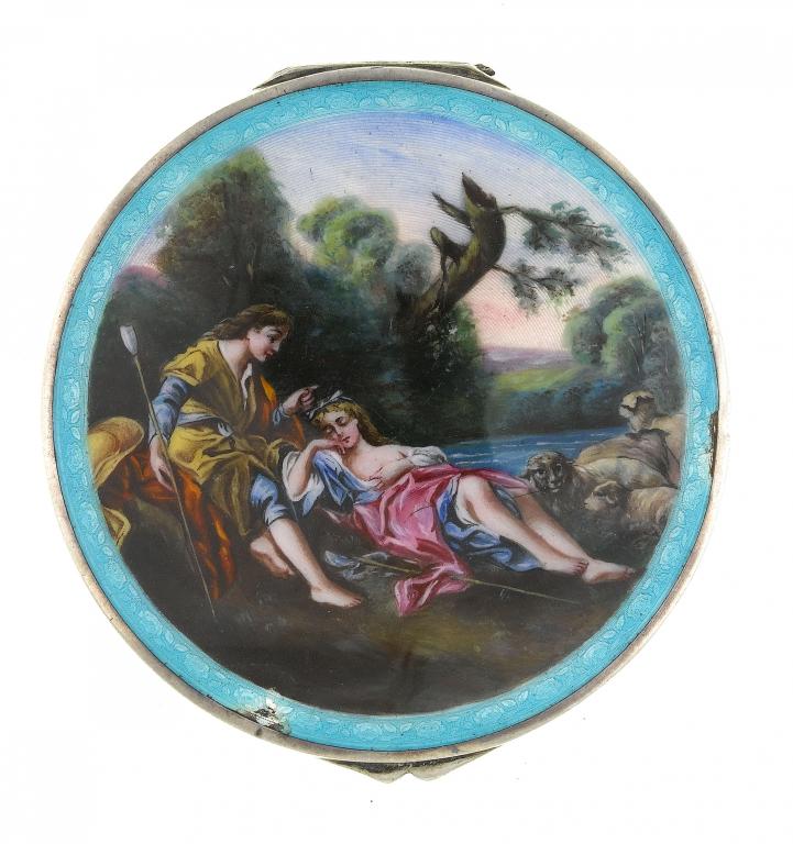 Appraisal: A CONTINENTAL SILVER AND ENAMEL CIRCULAR BOX the lid painted