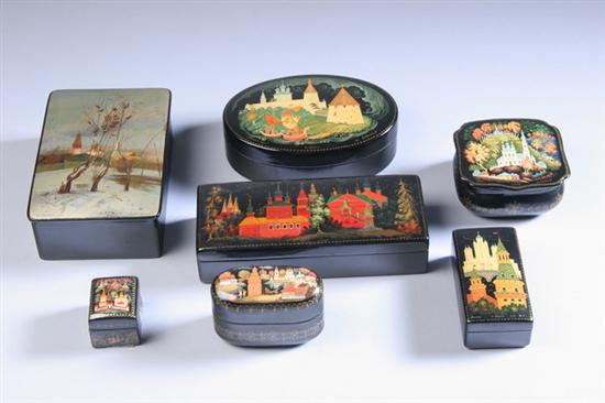 Appraisal: SEVEN RUSSIAN LACQUER BOXES Of various shapes and sizes each