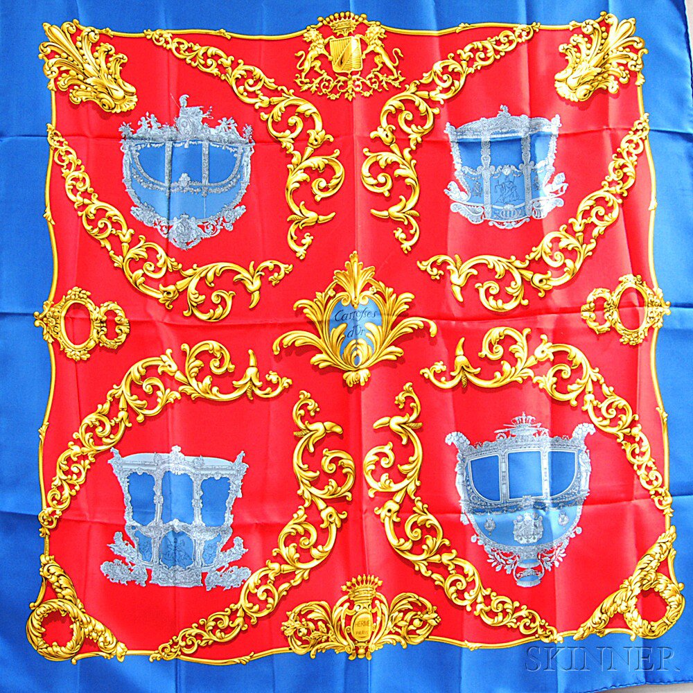 Appraisal: Hermes Carrosses d'Or Silk Scarf with blue carriages in gold