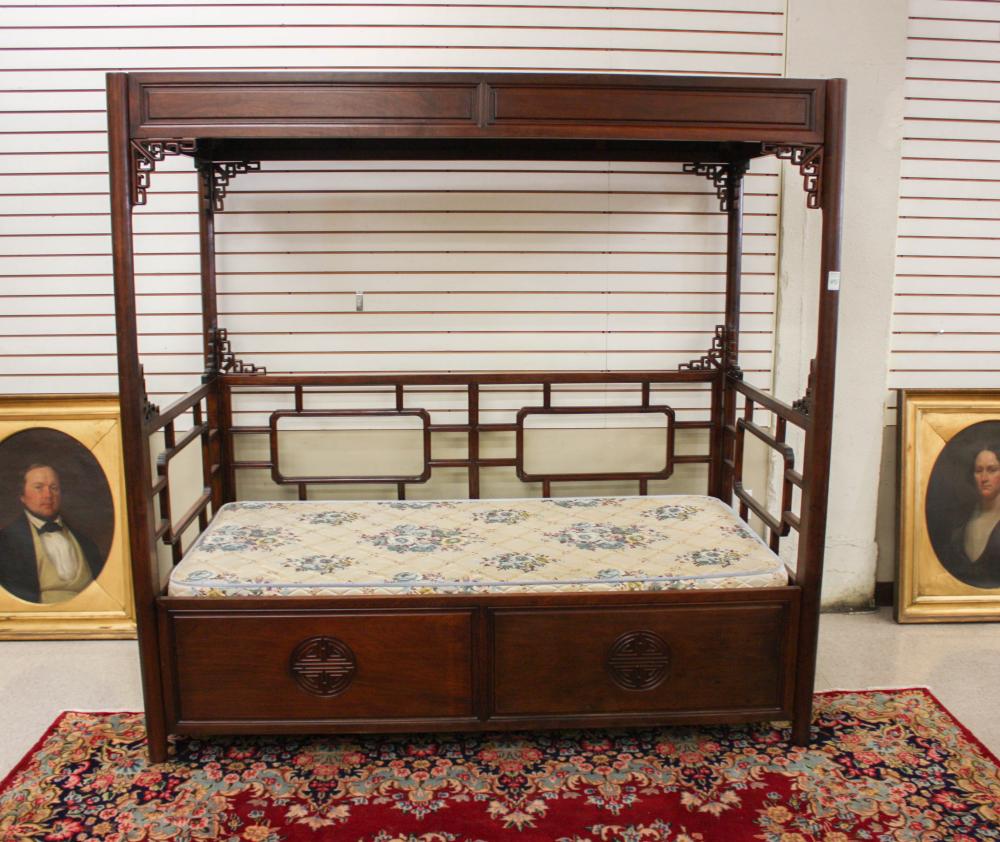 Appraisal: CHINESE ROSEWOOD CANOPY BED Hong Kong th century twin size