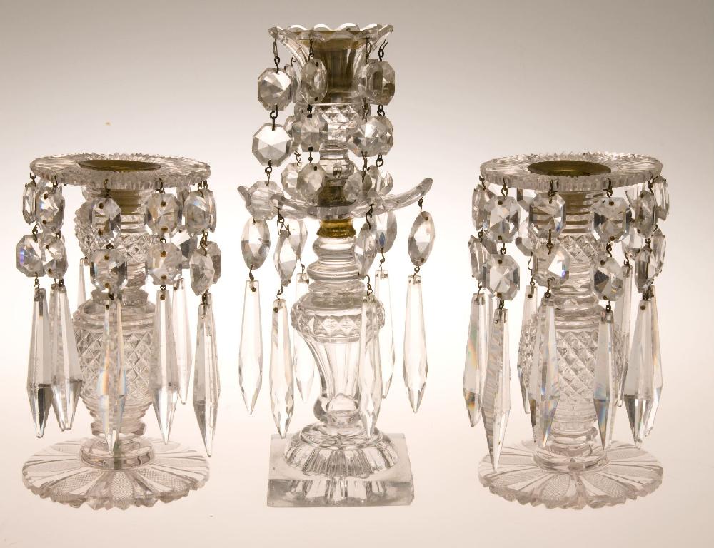 Appraisal: PAIR OF th CENTURY CUT-GLASS TABLE LUSTRES each with diamond-cut