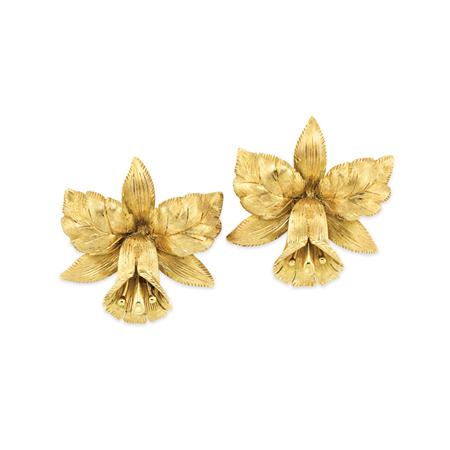 Appraisal: Pair of Gold Orchid Earclips Tiffany Co Estimate -