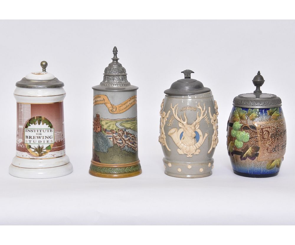 Appraisal: Four German Steins Four German steins the largest with village