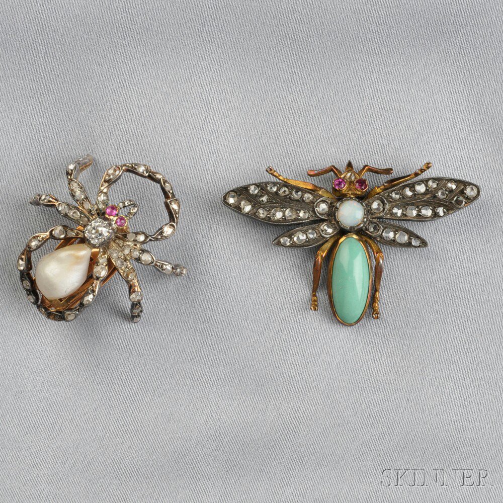 Appraisal: Two Gem-set Insect Brooches a spider with freshwater pearl and