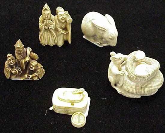 Appraisal: Five ivory carvings netsukes Japanese th- th C human and