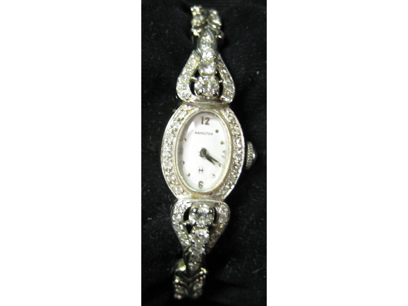 Appraisal: DIAMOND HAMILTON k white gold lady's Hamilton watch with oval