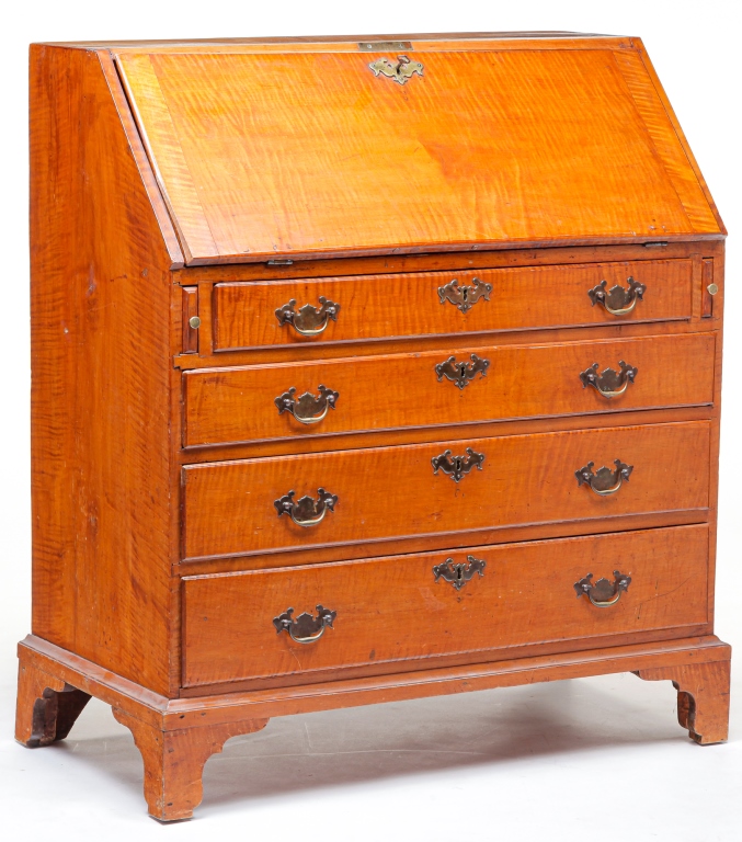 Appraisal: AMERICAN CHIPPENDALE SLANT-FRONT DESK Late th century tiger maple with