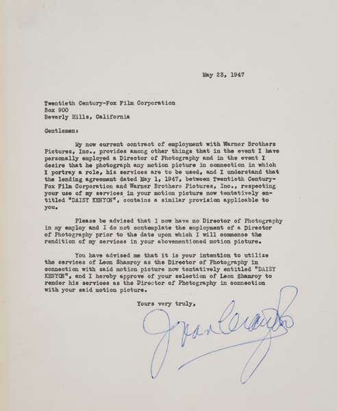 Appraisal: JOAN CRAWFORD Typed letter signed by Crawford approving Leon Shamroy