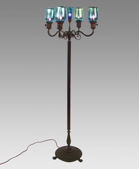 Appraisal: FLOOR LAMP WITH BLUE IRIDESCENT FRENCH ART GLASS SHADES Floor