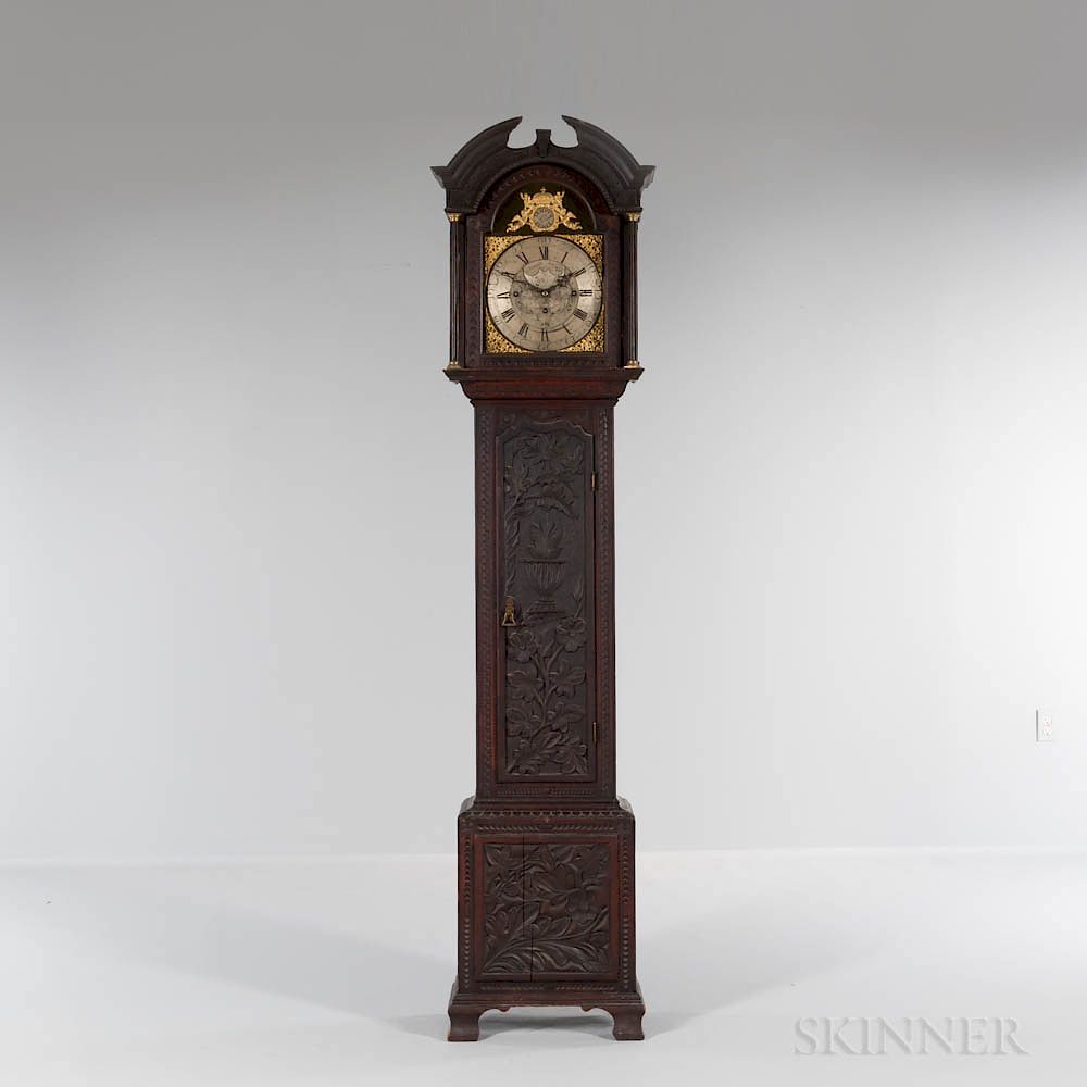 Appraisal: Carved Oak Quarter-hour Chiming Longcase Clock Carved Oak Quarter-hour Chiming