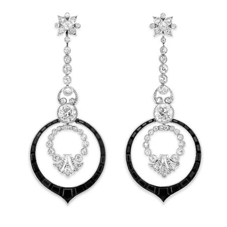 Appraisal: Pair of Art Deco Diamond and Black Onyx Pendant-Earclips Estimate