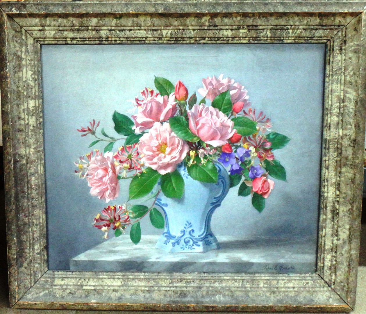 Appraisal: John E Nicholls - Still life of roses honeysuckle and