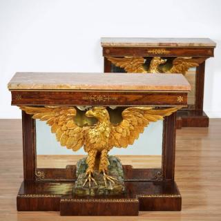 Appraisal: Pair Regency style rosewood gilt eagle consoles th c green