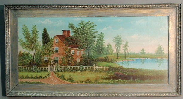 Appraisal: Oil on board landscape painting with a colonial house signed