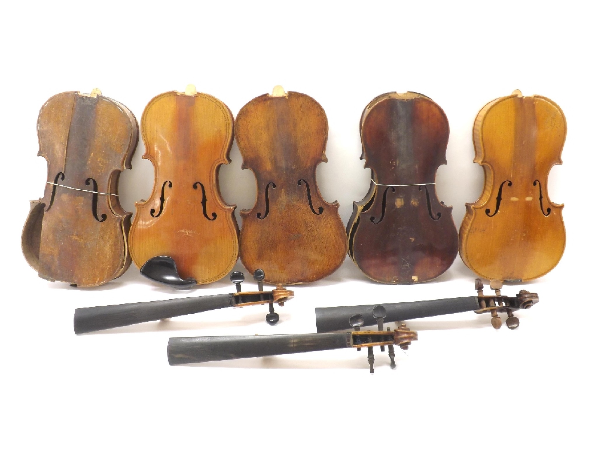 Appraisal: Box of five violins in need of restoration