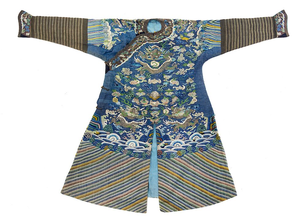 Appraisal: A Blue Ground Kesi Silk Dragon Robe Collar to hem