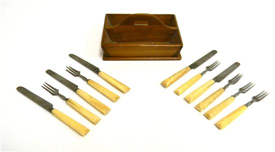 Appraisal: Miniature wooden divided cutlery tray containing eleven pieces of flatware