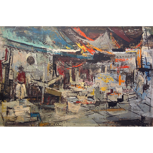 Appraisal: George Schwacha American - lower Manhattan street scene oil on