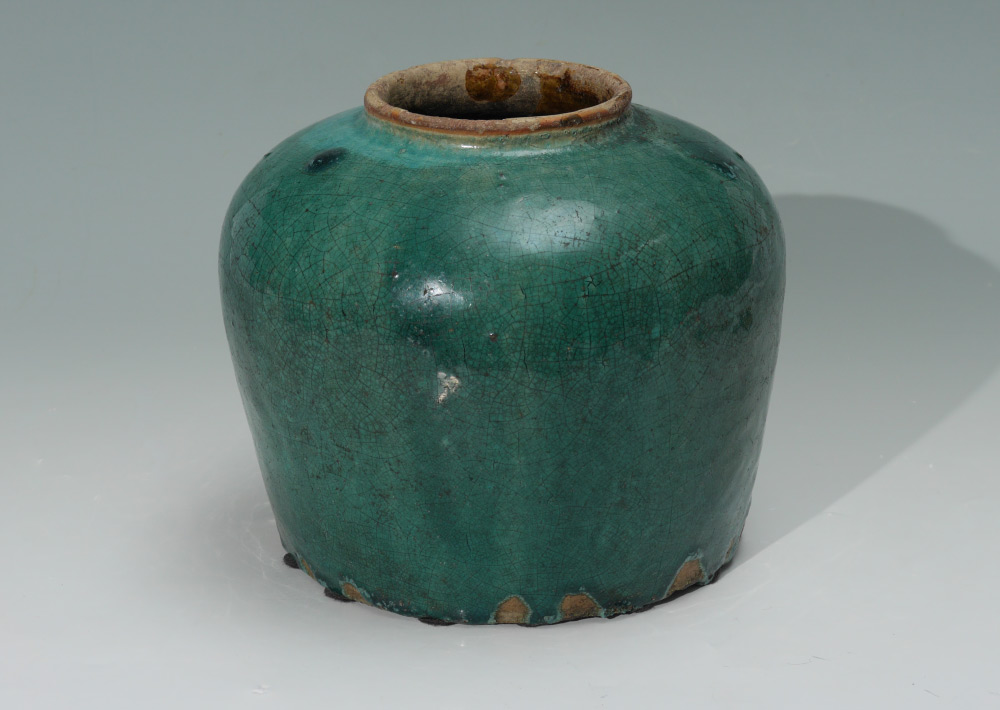 Appraisal: CHINESE GREEN CRACKLE DRIP GLAZE JAR Earthenware ginger jar with